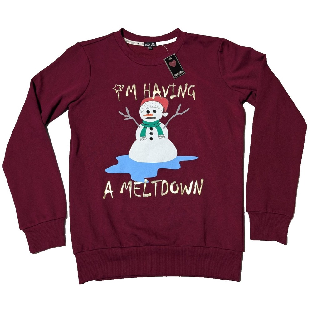 COZY ZOE SNOWMAN I'M HAVING A MELTDOWN Women XS Burgundy Pajama Sweatshirt NEW